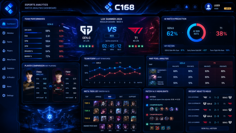 Giao diện phân tích trận đấu esports với biểu đồ phong độ đội tuyển và meta game mới nhất