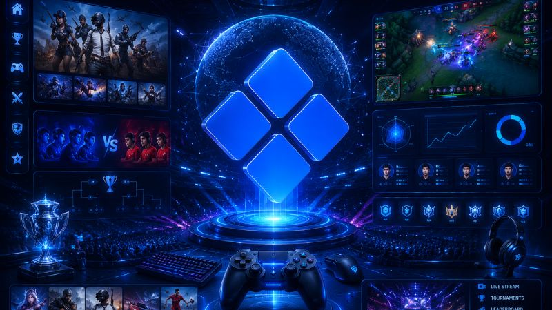 Không gian esports và game online phong cách tương lai với hiệu ứng neon xanh đặc trưng của C168