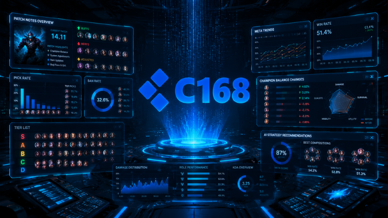 Giao diện holographic hiển thị patch notes, pick rate và ban rate trên nền tảng C168
