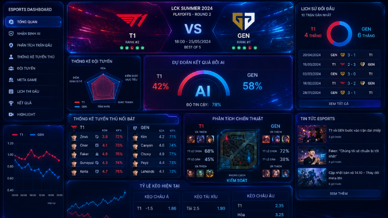 Bảng điều khiển nhận định esports C168 với thống kê tuyển thủ và dự đoán kết quả theo AI
