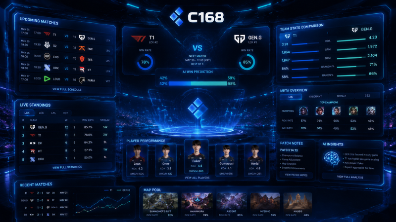 Holographic dashboard hiển thị lịch thi đấu và thống kê gaming trên nền tảng C168